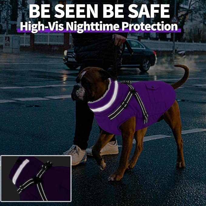Dogcheer Dog Coat with Harness, Waterproof Warm Dog Winter Jacket with Pockets, Reflective Pet Fleece Jacket Turtleneck Snowsuit for Small Medium Large Dogs - Purple, S
