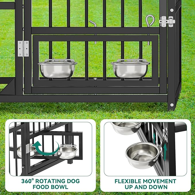 DWVO Outdoor Dog Enclosure with Rotating Feeder Bowls, 4'L x 4'W x 5'H Dog Kennel Outside with Roof, Heavy Duty Dog Cage with UV-Resistant Waterproof Cover for Small Medium Dogs