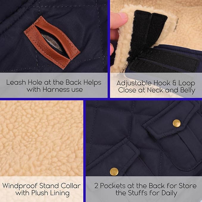 ASENKU Warm Dog Winter Coat, Waterproof Dog Coat for Cold Weather, Fleece Dogs Jacket with Ultra Thick Plush Lining Leash Hole Storage Pockets for Small Dogs (Navy Blue, Small)