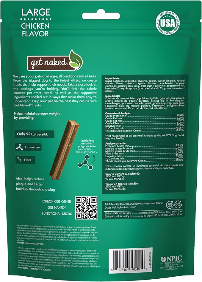 Get Naked Grain Free 1 Pouch 6.6 Oz Weight Management Dental Chew Sticks, Large