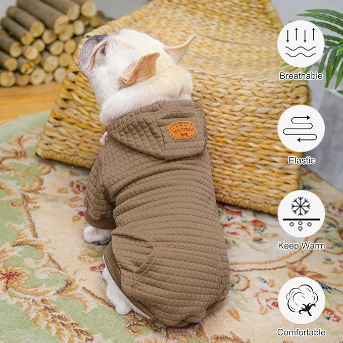 BEAUTYZOO Small Dog Hoodie Sweater with Pockets, Dog Clothes for Small Medium Dogs Boy Girl, Waffle-Like Laminated Cotton Pet Coats with Hat and Leash Hole, Khaki XL