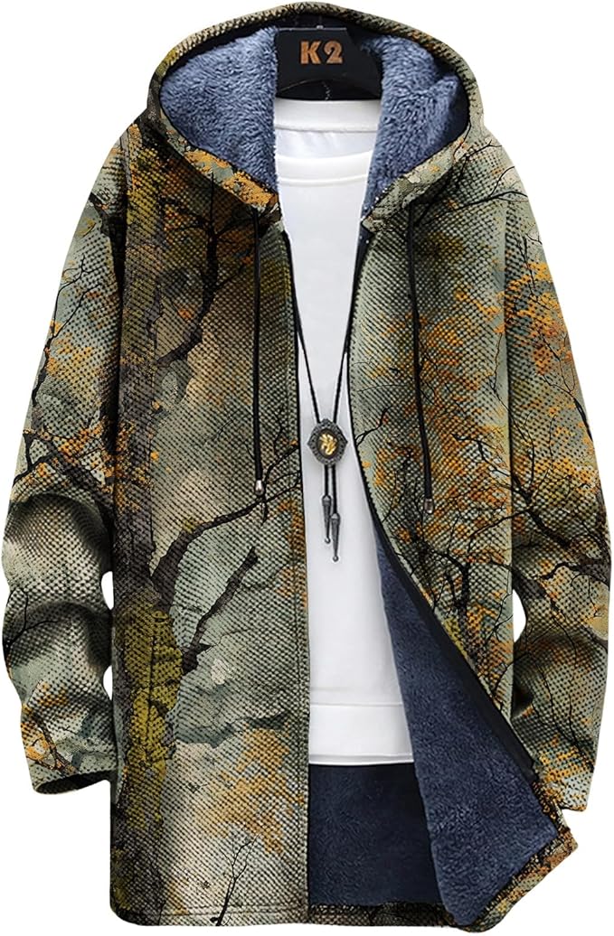 Mens Long Cardigan Hoodies Full Zip Fleece Lined Jackets Fashion Knitted Color Block Hooded Coat with Pockets