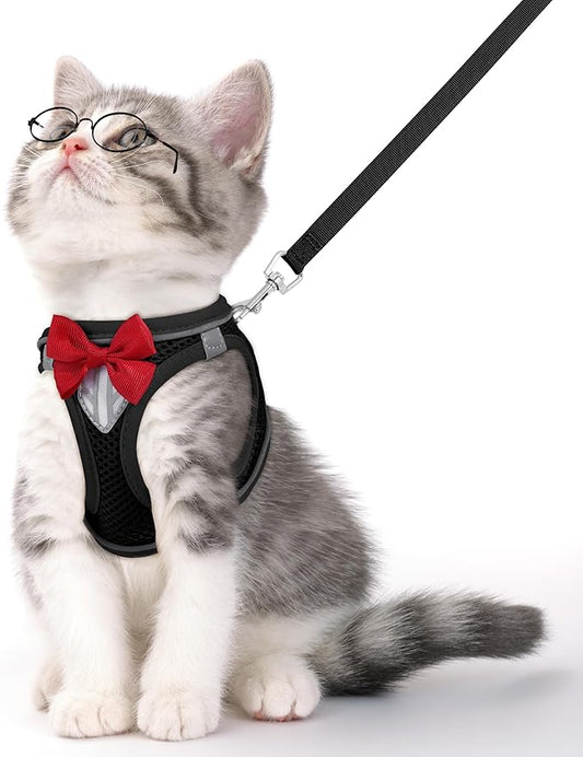 Cat Vest Harness and Leash Set for Walking Escape Proof, Adjustable Kitten Harness Breathable Mesh with Reflective Strips Harness for Kitty Puppy Bunny (Black,XS)