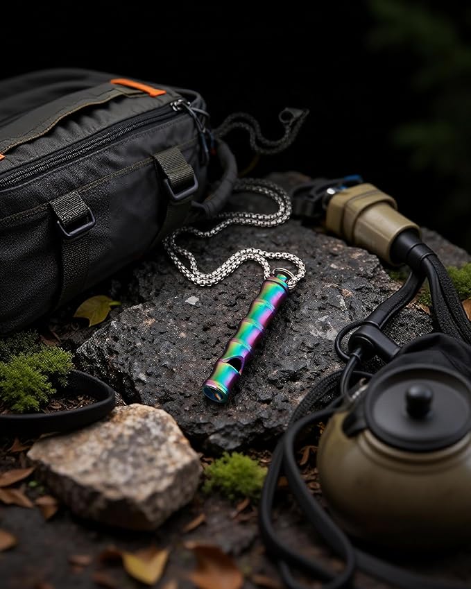 Titanium Pill Holder Necklace for Men Women Emergency Whistle Mini Keychain Nitro Pill Case with Loud Whistles EDC Safety Backpacking Survival Hiking Camping Pets Training