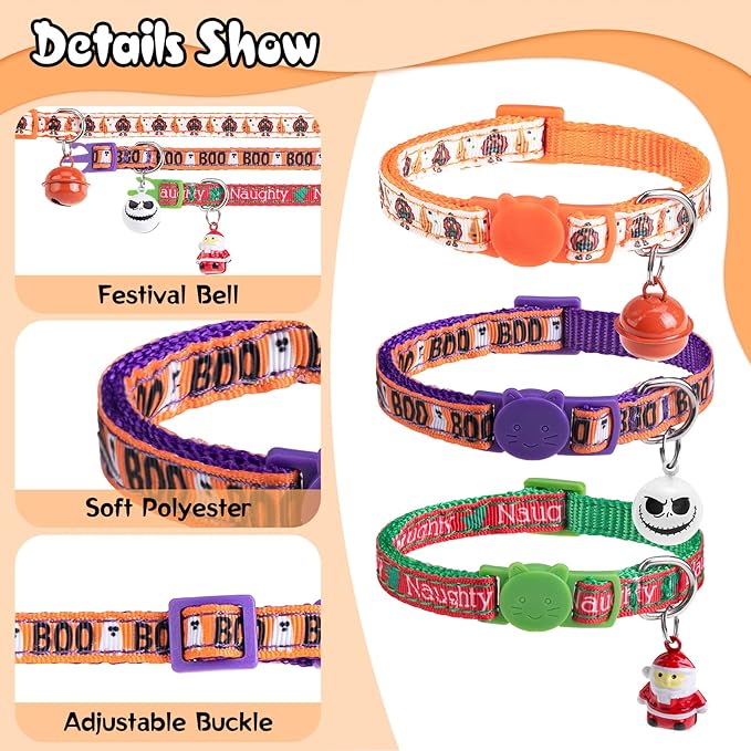 Halloween Cat Collar with Bells, Thanksgiving Cat Collar Breakaway, Christmas Kitten Collars for Girl Boy Cats, Fall Kitty Holiday Collars Adjustable 8-12inch