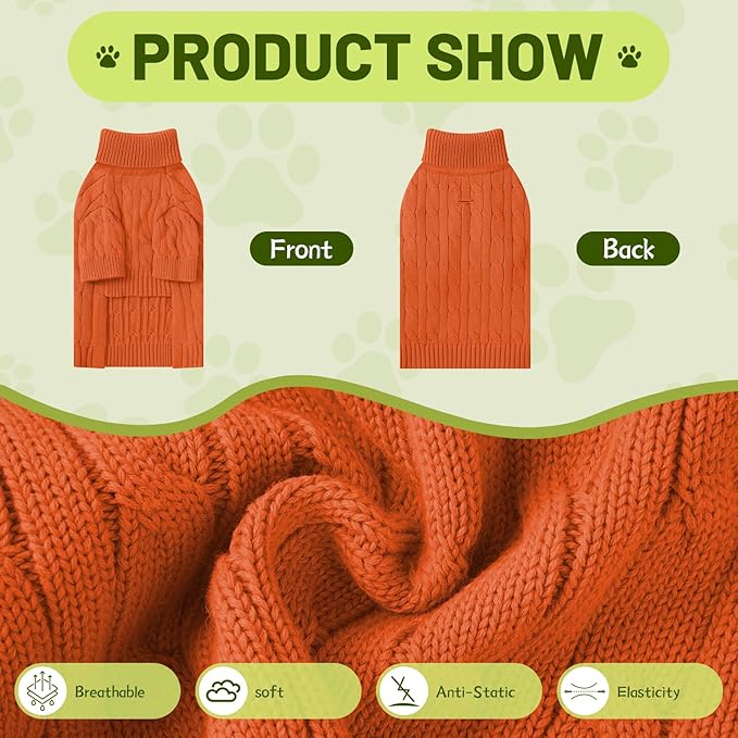 Small Dog Thermal Pullover Sweater, Classic Turtleneck Cable Knitwear Dog Clothes for Cold Weather Warm Pet Clothes for Chihuahua, Bulldog, Dachshund, Pug Orange Small