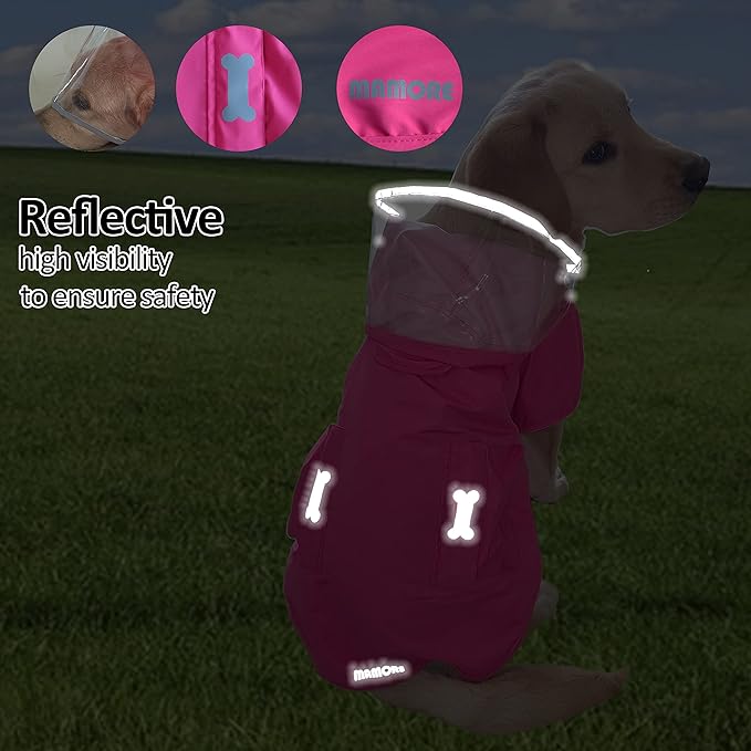 Waterproof Dog Raincoat, Adjustable Reflective Lightweight Pet Rain Clothes with Poncho Hood (X-Large, Dark Pink)