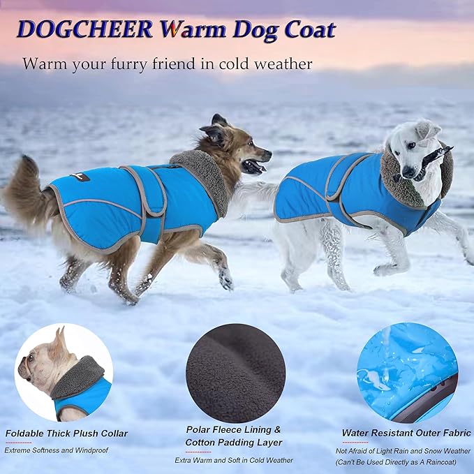 Dogcheer Dog Coat, Waterproof Dog Jacket Reflective Pet Winter Coat with Adjustable Hook & Loop, Christmas Puppy Fleece Jacket Warm Turtleneck Snowsuit for Small Medium Large Dogs - Sky Blue, XL