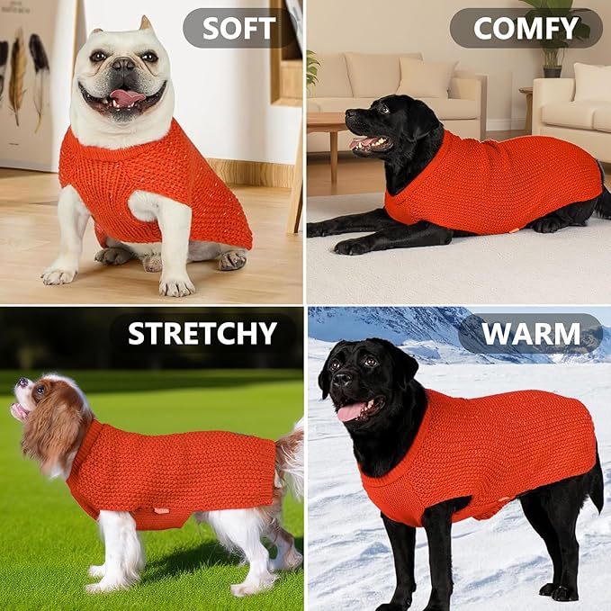 KYEESE Dog Sweater with Leash Hole Warm Pullover with Reflective Yarn for Small and Medium Dogs Male Soft Knit Pullover Boy Dog Coats Cozy Lightweight Thick Sweater,Orange,Large