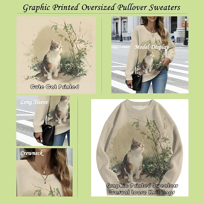 Women's Cat Printed Sweater Oversized Cable Knit Long Sleeve Christmas Clothes Casual Autumn Winter Fashion Tops