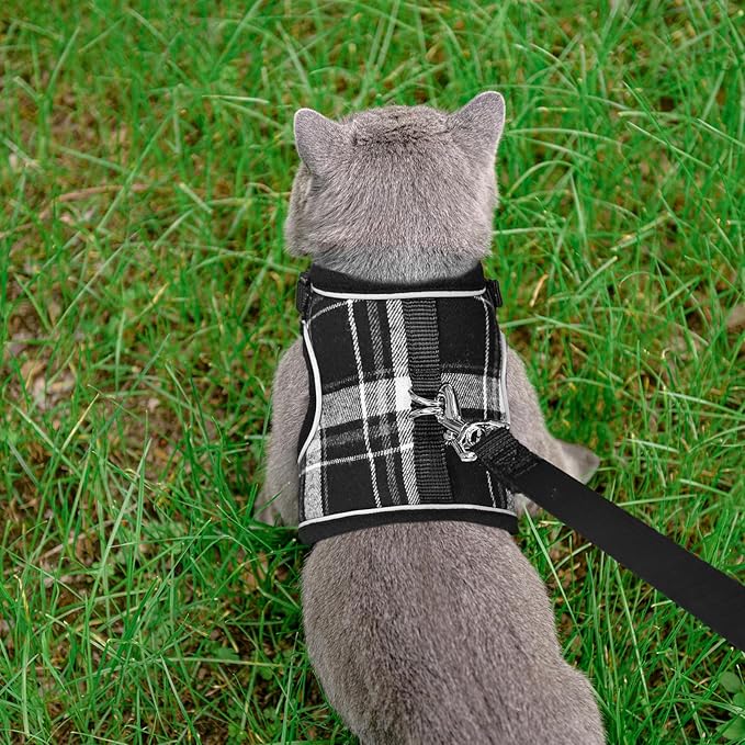 PUPTECK Soft Mesh Cat Vest Harness and Leash Set Puppy Padded Pet Harnesses Escape Proof for Cats Small Dogs Rabbits Bunny, Plaid Black, XL