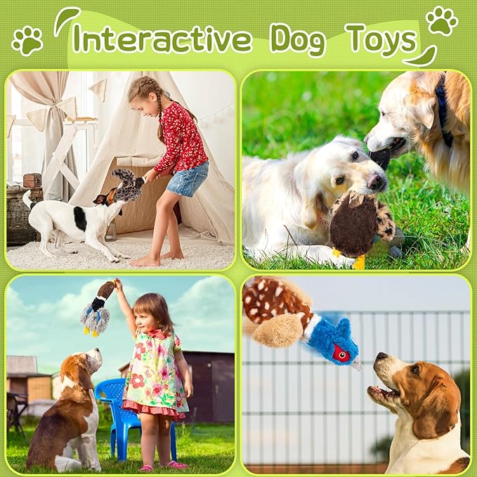 Extra-Plush Duck Dog Toy with 2 Squeakers & Crinkle – No Stuffing Gentle Chewer Squeaker for Calming Play, Hypoallergenic Soft Toy for Puppies to Senior Dogs (Long Pile, Brown & Grey)