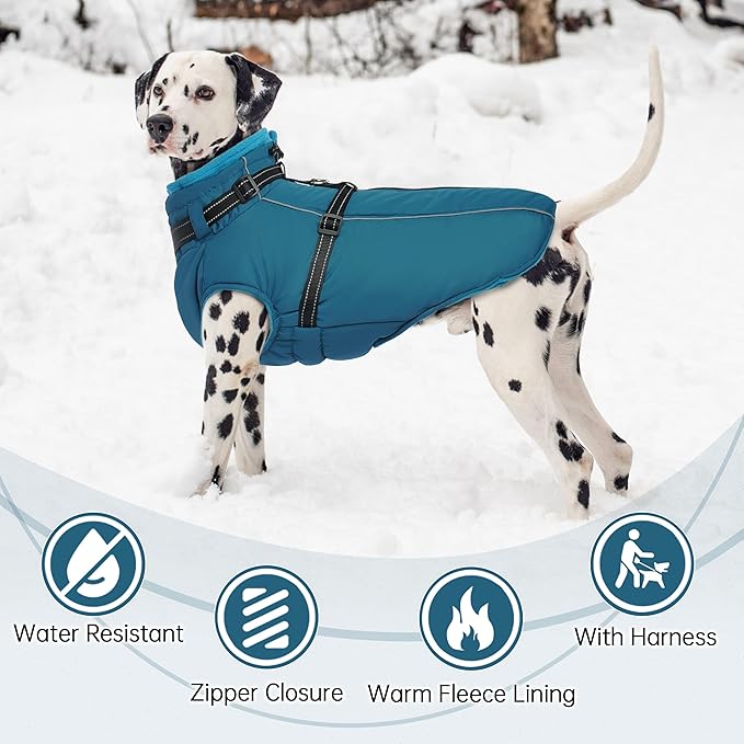 PUMYPOREITY Dog Jackets for Large Dogs, Warm Dog Winter Coat with Harness Built in, Fleece Jacket with Back Zipper, Cold Weather Coats for Outdoor, Waterproof & Windproof Pet Snowsuit, Blue, XL