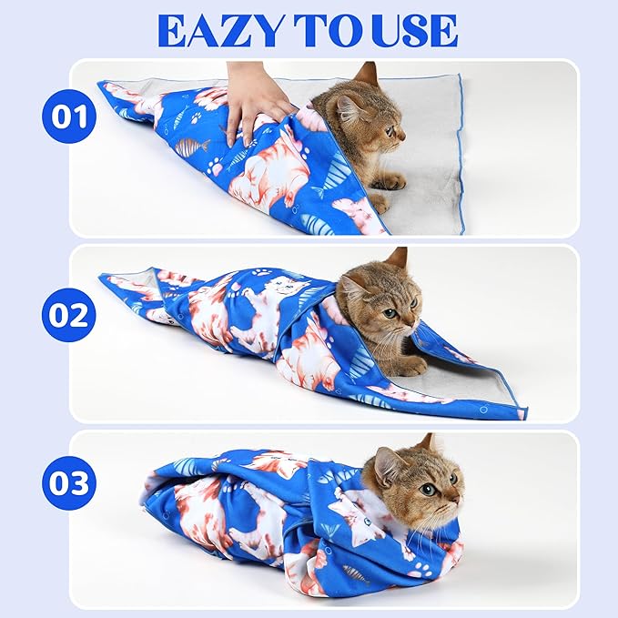 21.7“ Cat Wrap for Cutting Nails Self-Adherent Fabric Cat Wrap for Grooming Cat Restraint for Nail Clipping Anti-Escape Cat Calming Wrap Within 6lbs