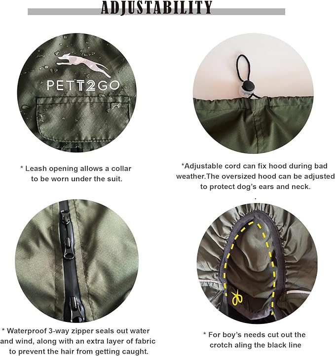 Dog Lightweight Windbreaker, Dog Outdoor 4-Legs Jacket, 0.5 lbs,Durable Water Repellent, Hooded, Easy on/Off with Collar and Harness, Reflective, Packable,Dark Olive (Medium)