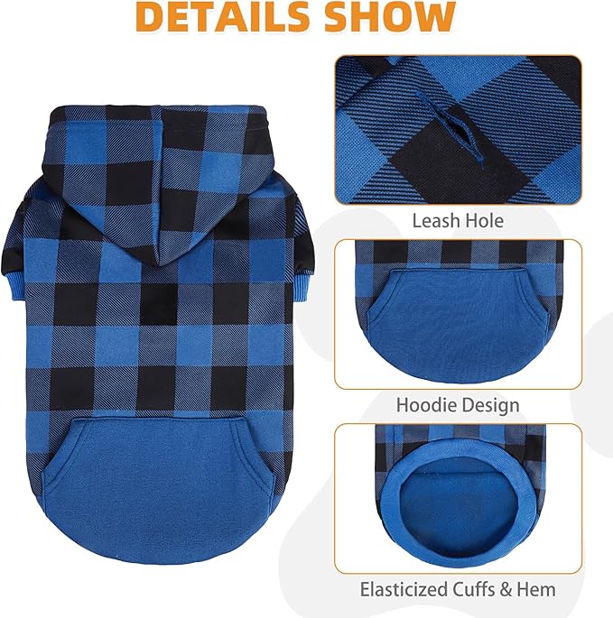 KOOLTAIL Plaid Dog Hoodie Pet Clothes Sweater with Hat and Pocket for Small Medium Large Size Dogs, Soft Winter Warm Dog Cold Weather Coat, Fleece Fall Dog Hooded Sweatshirt for Puppy Cats, Blue XL