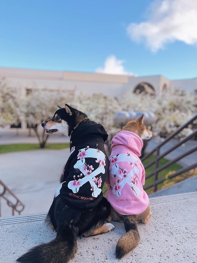 ChoChoCho Woof Dog Hoodie, Designer Dog Hoodies for Small Medium Large Breeds, Art Collection Dog Sweatshirts, Street Drawstring Hoodies Outfit Clothes for Puppy Puppies (5XL, Sakura/Black)