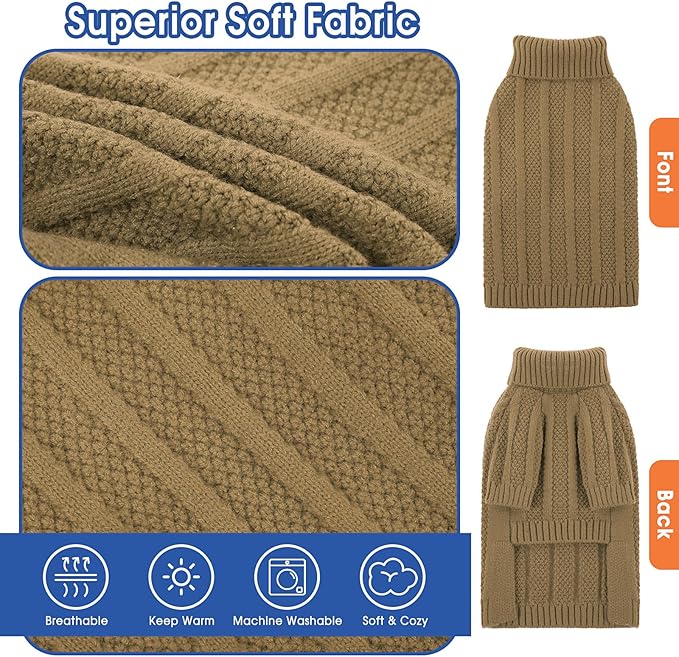 Queenmore Dog Sweater Large Size Dog, Large Dogs Sweaters Xmas,Turtleneck Pullover Pet Sweaters for Dogs Girls Boys,Sweater Pet L,Thanksgiving Knitted Doggy Sweater for French Bulldog(Camel,L)