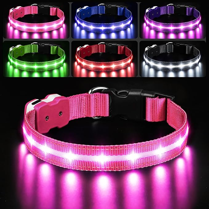 PcEoTllar Light Up Dog Collars, Led Dog Collar, Rechargeable, Night Walking, Waterproof, Glow in The Dark Dog Collars Light for Large Small Medium Dogs, Pink s