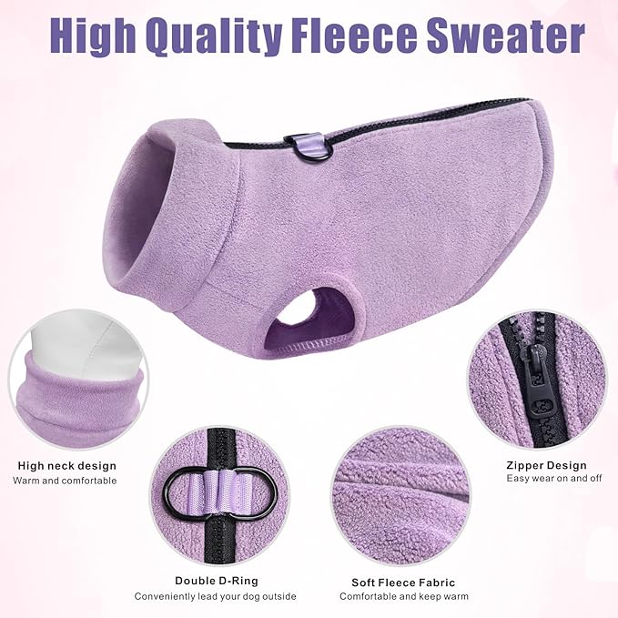 Idepet Dog Fleece Vest Sweater Zip Up Warm Pullover Dogs Jacket with D-Ring Leash Winter Cold Weater Coat Pet Sweatershirt Clothes Hoodie for Small Medium Dogs Boy Girl (Purple, XXS)