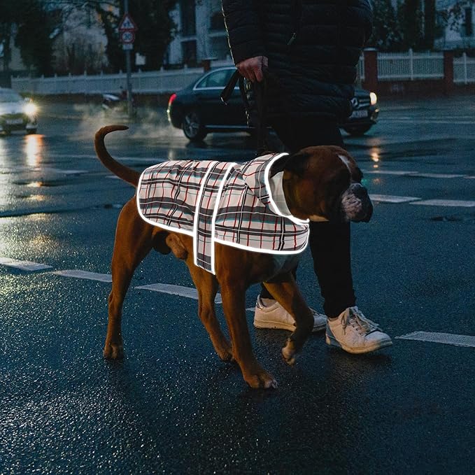 Dog Rain Coat for Large Dogs Waterproof Hooded Rain Jacket with Reflective Strips Leash Hole & Poncho Adjustable Fit (Plaid,XXL)