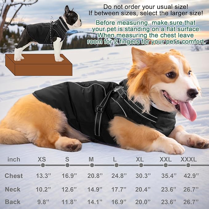 Fragralley Dog Coat with Harness Built in, Waterproof Windproof Reflective Warm Puffer Jacket, Fleece Lined Vest Winter Parka for Small, Medium, Large Dogs
