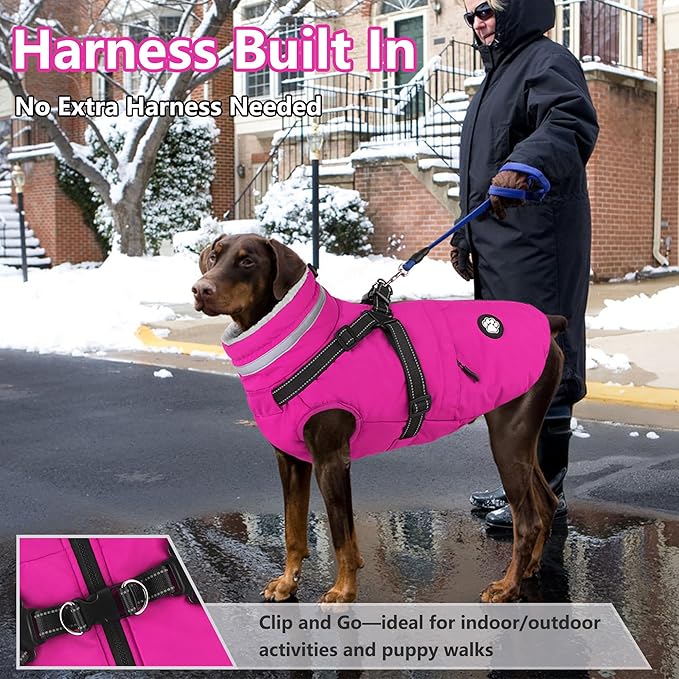 Dogcheer Dog Coat with Harness, Waterproof Dog Jacket Christmas Pet Winter Coat with Pockets, Reflective Doggy Turtleneck Fleece Jacket for Small Medium Large Dogs - Pink, M