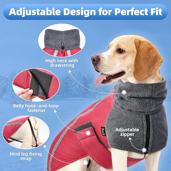 SlowTon Winter Dog Coat, Warm Polar Fleece Lining Doggie Outdoor Jacket with Turtleneck Scarf Reflective Stripe Adjustable Waterproof Windproof Puppy Vest Soft Pet Outfits (L+,Red)