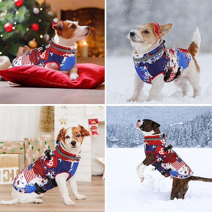 Dogcheer Dog Winter Coat, American Flag Dog Jacket with Harness, Adjustable Puppy Coat with Zipper, Waterproof Pet Fleece Jacket Snowsuit for Small Medium Large Dogs - US Flag XL