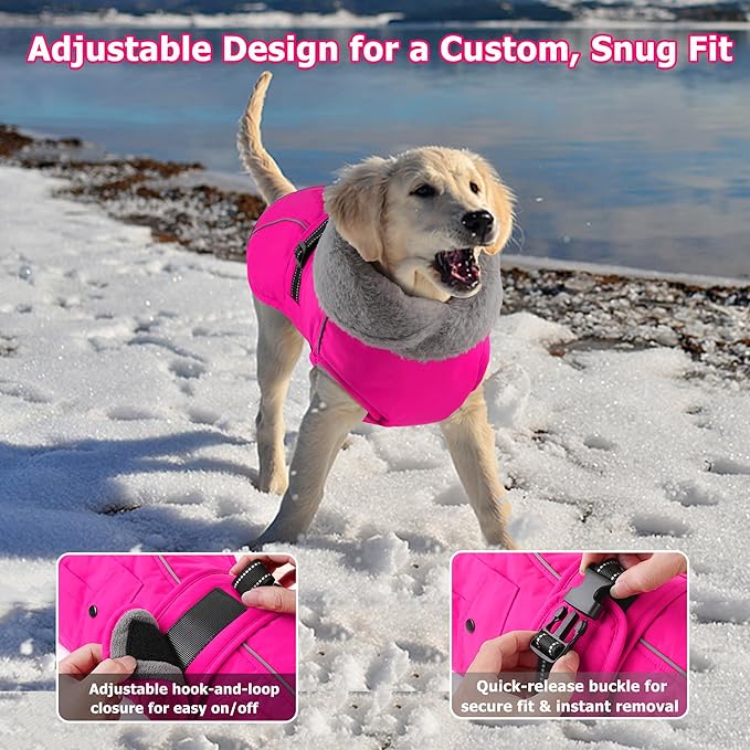 Dogcheer Dog Coat with Pocket, Waterproof Dog Jacket with Adjustable Buckle, Reflective Puppy Winter Coat Warm Turtleneck Fleece SnowJacket for Small Medium Large Dogs - Pink 2XL