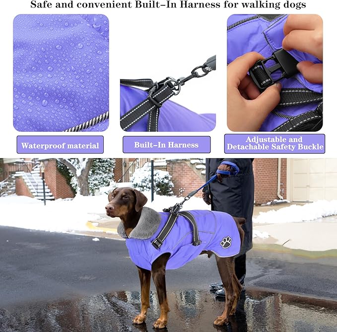 Doglay Dog Coat with Harness, Reflective Warm Dog Jacket Waterproof Puppy Winter Coat for Cold Weather, Adjustable Fleece Jacket for Small Medium Large Dogs