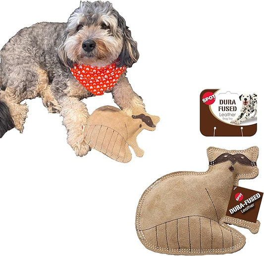 SPOT Dura-Fused Leather Raccoon Dog Toy – Real Leather & Jute Fabric, Double-Stitched & Durable, Squeaky Interactive Chew Toy for Moderate Chewers, Small & Medium Dogs, Soft Stuffed Fetch Toy, 7.25in