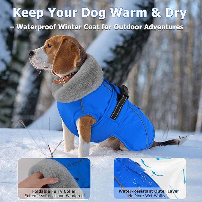 Dogcheer Dog Coat with Pocket, Waterproof Dog Jacket with Adjustable Buckle, Reflective Puppy Winter Coat Warm Turtleneck Fleece SnowJacket for Small Medium Large Dogs - Blue 3XL