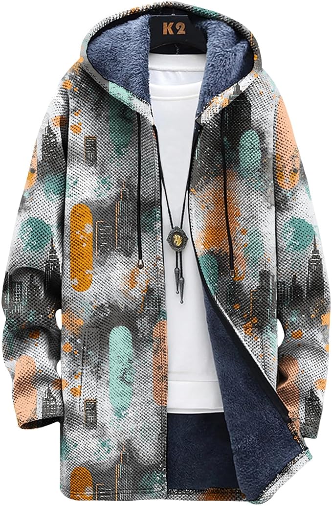 Mens Long Cardigan Hoodies Full Zip Fleece Lined Jackets Fashion Knitted Color Block Hooded Coat with Pockets