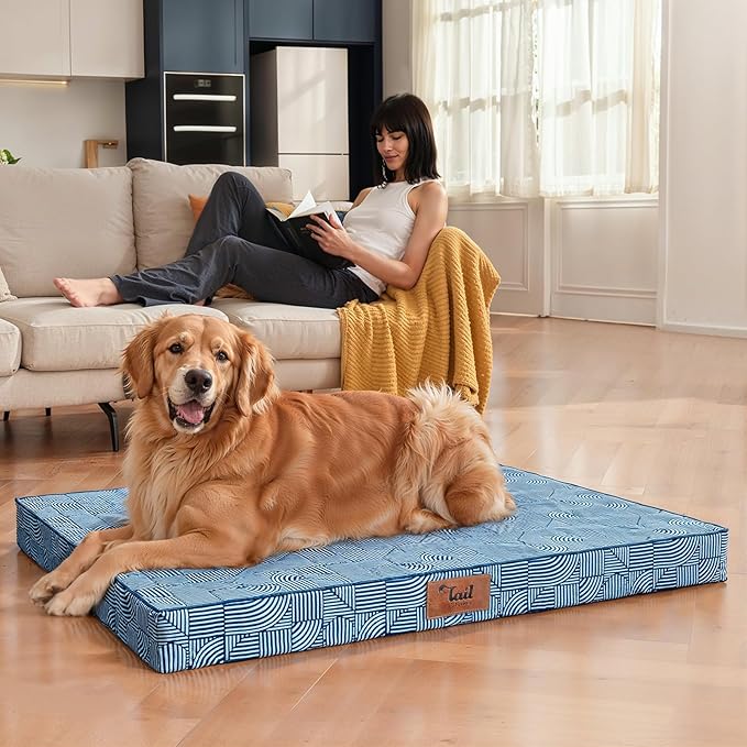 Outdoor Dog Bed for Medium Dogs, Waterproof Dog Crate Mat Orthopedic Egg Crate Foam Pet Bed with Washable Removable Oxford Cover, White Blue
