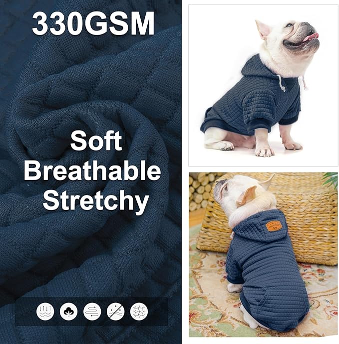 BEAUTYZOO Small Dog Hoodie Sweater with Pockets, Dog Clothes for Small Medium Dogs Boy Girl, Waffle-Like Laminated Cotton Pet Coats with Hat and Leash Hole, Navy Blue S