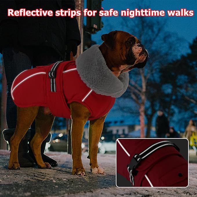 Dogcheer Dog Coat with Pocket, Waterproof Dog Jacket with Adjustable Buckle, Reflective Puppy Winter Coat Warm Turtleneck Fleece SnowJacket for Small Medium Large Dogs - Red 2XL