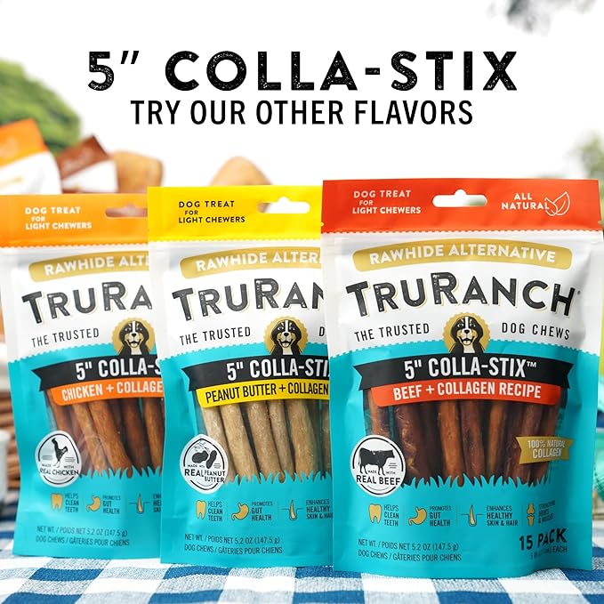 TRURANCH Collagen Sticks - 5" Collagen Sticks for Dogs - Long Lasting Healthy Joint Support - Rawhide Alternative - Skin & Coat Health - Made with Real Beef, Value Pack, 15 Bags, 225 Count