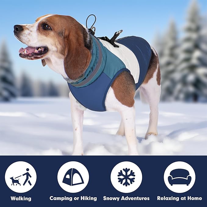 azuza Dog Jacket for Medium Dogs Waterproof Dog Coat with Reflective Strips and Harness Built in Warm Fleece Dogs Winter Coat Windproof with Back Zipper, Navy 2XL