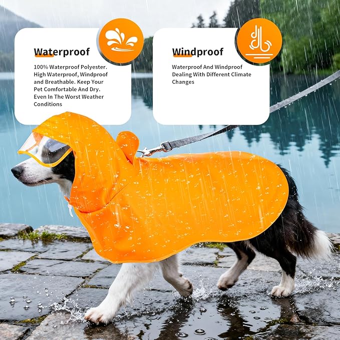 Dog Raincoat, Waterproof Windproof Dog Rain Jacket with Hood, Rain Coat with Leash Hole, Adjustable Raincoat Poncho for Small Medium Large Dogs Outdoor (Yellow, Large)