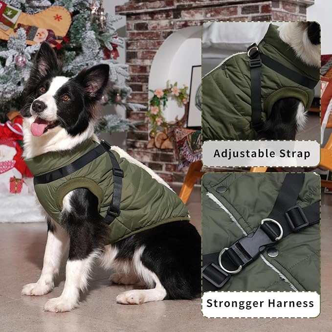 Dog Jacket with Harness,Fleece Lined Warm Puppy Coat for Winter,Soft Windproof Large Dog Vest,Green XXXL