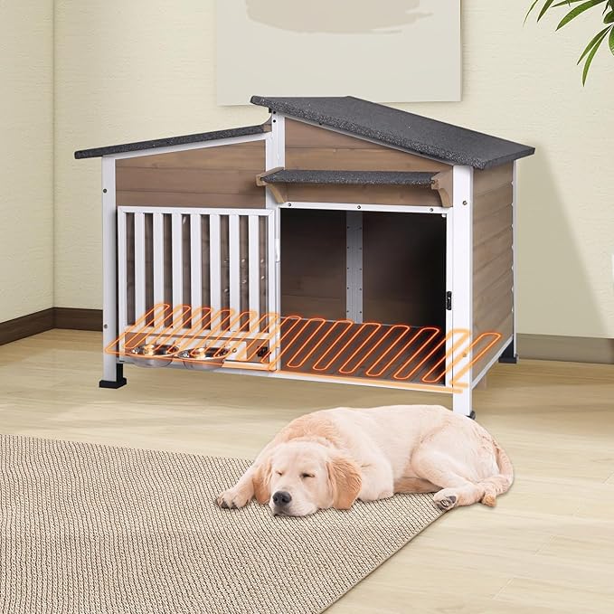 Chew-Resistant Dog House with Metal Frame, Wooden Kennel for Indoor & Outdoor Use, Waterproof Roof & Feeding Bowls Included (Brown, L-in)