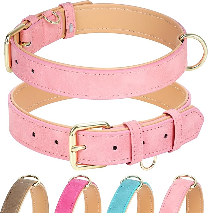 Leather Dog Collar for Small Medium Large Dogs, Soft Padded Dog Leather Collar with Heavy Duty Gold Buckle, Durable & Comfortable for Medium Dogs Daily Walking (Pink, M)