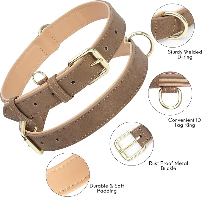 Leather Dog Collar for Small Dogs, Soft Padded Dog Leather Collar with Heavy Duty Gold Buckle, Durable & Comfortable, Brown, S