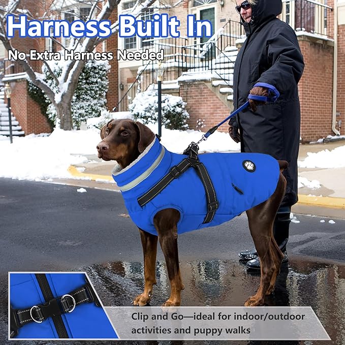 Dogcheer Dog Coat, Waterproof Dog Winter Jacket with Harness, Reflective Adjustable Doggy Cold Weather Coats, Christmas Pet Fleece Snowsuit for Small Medium Large Dogs - Blue, XS