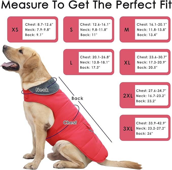 Dog Coat, Waterproof Dog Winter Jacket with Pocket, Reflective Adjustable Pet Snow Vest, Warm Cozy Fleece Sweater for Small Medium Extra Large Dogs - Red, XL