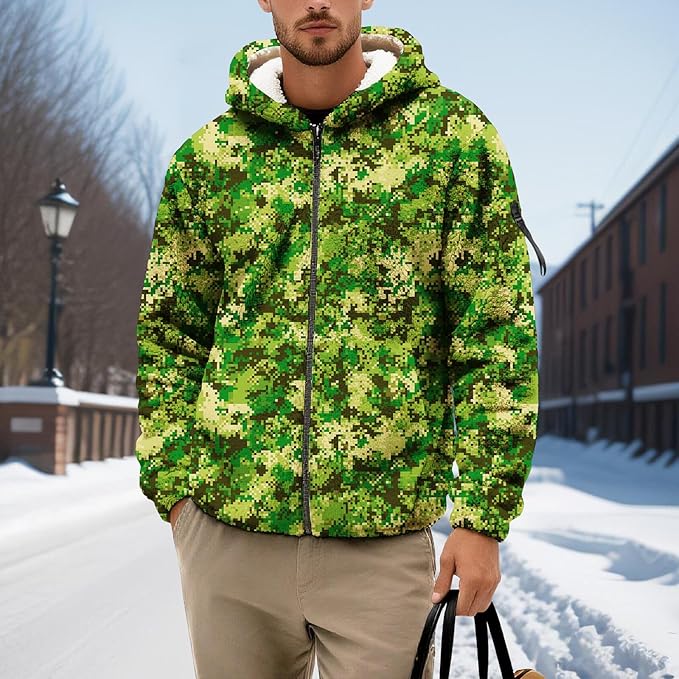 Men's Camouflage Hunting Fleece Lined Hoodie Camo Jackets Zip Up Long Sleeve Casual Winter Coats Hood Outerwear