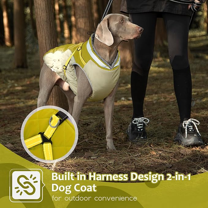 Dog Winter Coat with Harness, Dog Jacket, Pet Clothes with Zipper on Back, Waterproof Windproof Warm Vest, Reflective Cold Weather Coats, for Small Medium Large Dogs, Thick, Green, S
