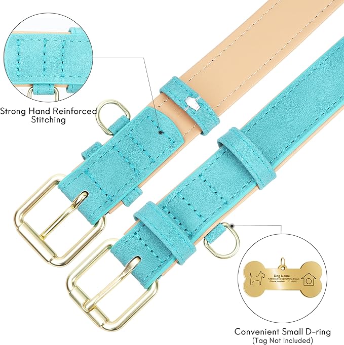 Leather Dog Collar for Small Medium Large Dogs, Soft Padded Dog Leather Collar with Heavy Duty Gold Buckle, Durable & Comfortable for Puppy Dogs Daily Walking (Teal, XS)