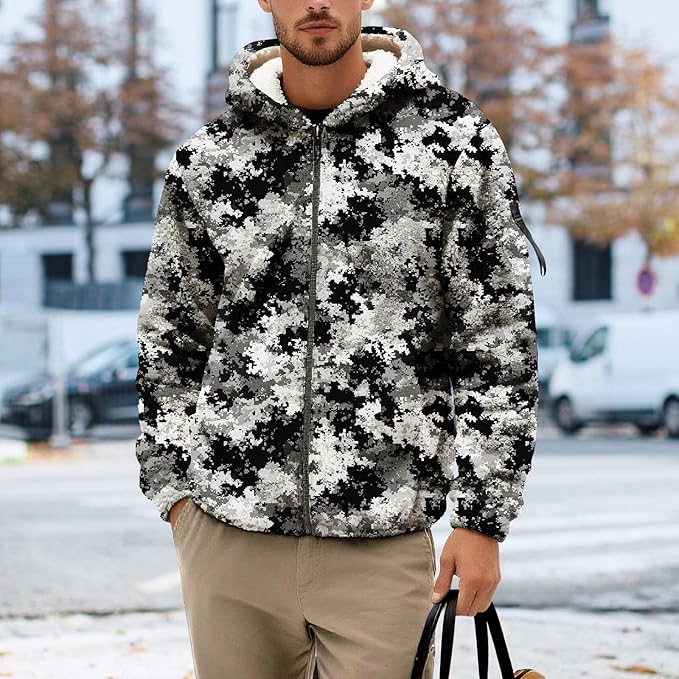 Men's Camouflage Hunting Fleece Lined Hoodie Camo Jackets Zip Up Long Sleeve Casual Winter Coats Hood Outerwear
